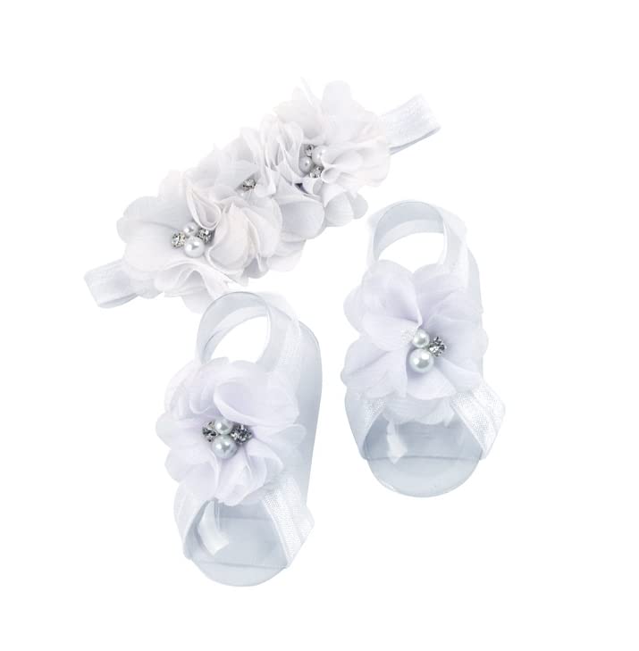 Ldcx Baby girls infant crochet butterfly headbands and knitted flower barefoot sandals.(BBFJ3) (Flower White) - Image 2